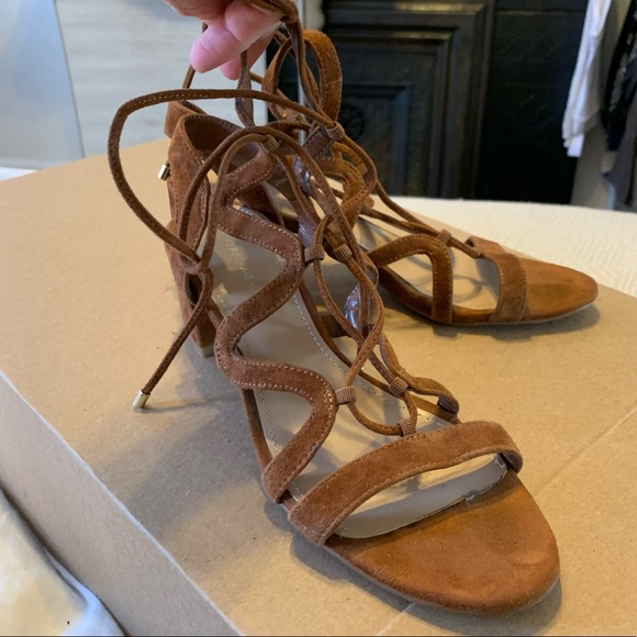 Saks Fifth Avenue Cognac Camel Brown Suede Lace Up Block Heel Sandals - 6.5 - Picture 5 of 16